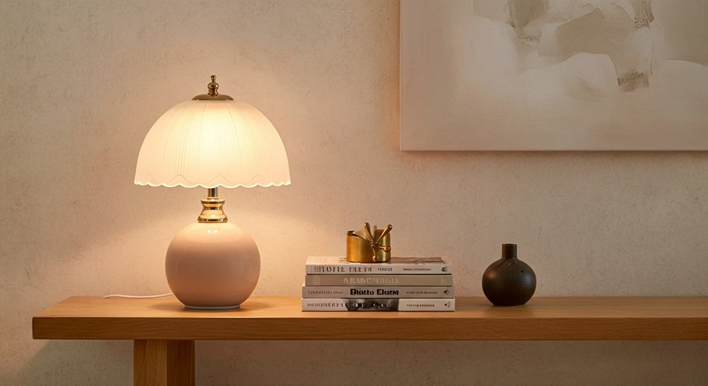NouveauGlow Murano-Style Mushroom Lamp in Pastel Pink on a bedside table, casting a soft, dimmable warm light in a modern bedroom. VelunaLumin.