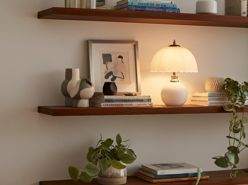 NouveauGlow Murano-Style Mushroom Lamp in Pastel Pink on a bedside table, casting a soft, dimmable warm light in a modern bedroom. VelunaLumin.