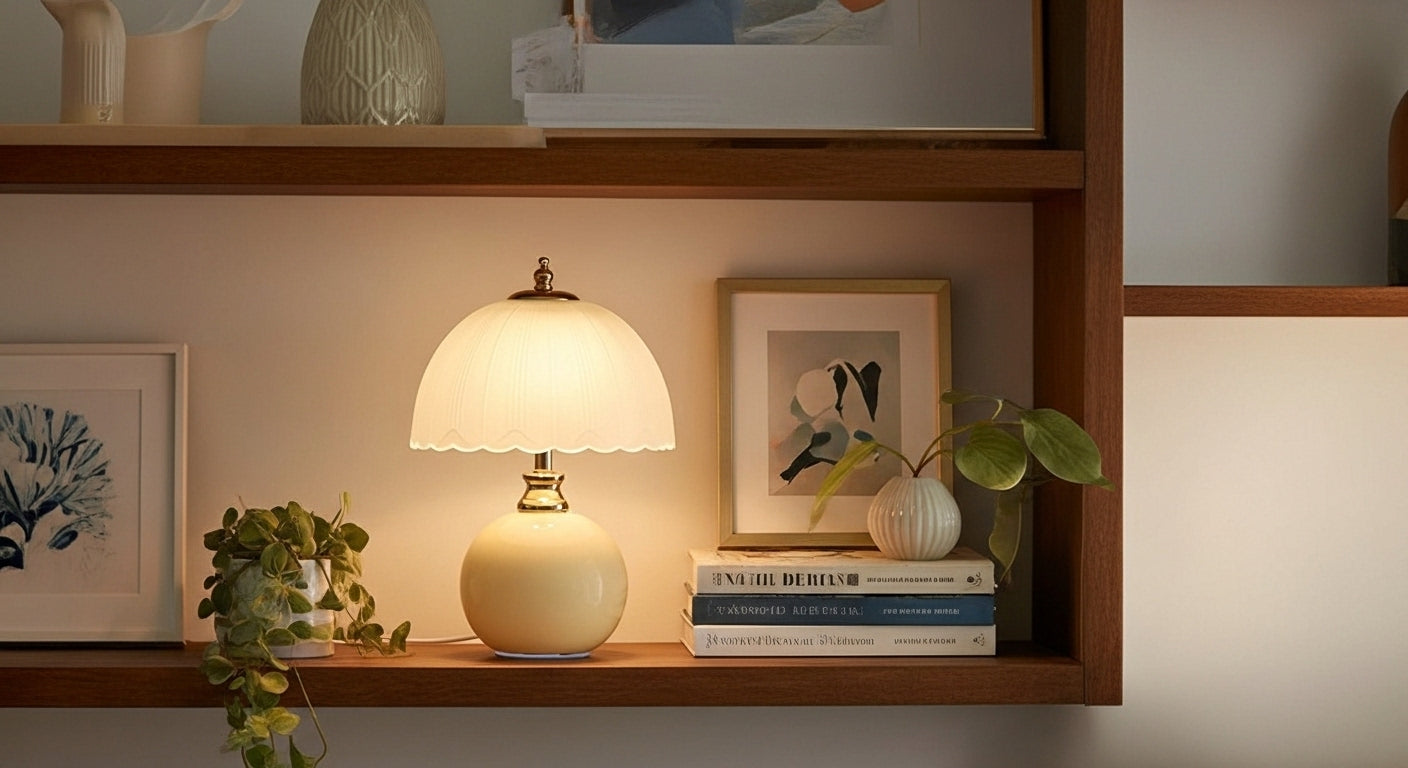 NouveauGlow Murano-Style Mushroom Lamp in Creamy White, with a hand-blown striped glass shade and ceramic base. VelunaLumin.