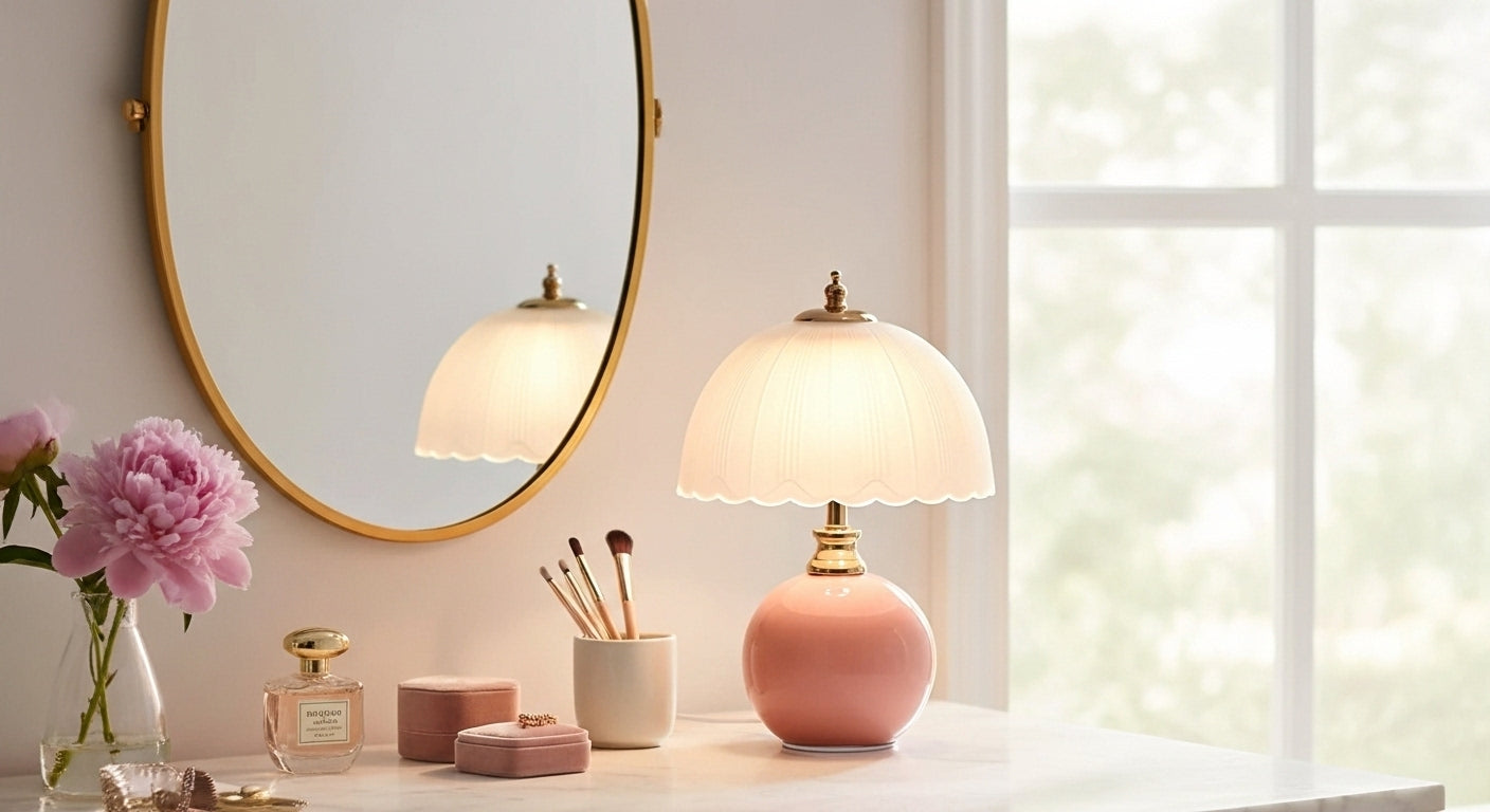 NouveauGlow Murano-Style Mushroom Lamp in Pastel Pink, with a hand-blown striped glass shade and ceramic base. VelunaLumin.