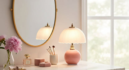 NouveauGlow Murano-Style Mushroom Lamp in Pastel Pink, with a hand-blown striped glass shade and ceramic base. VelunaLumin.