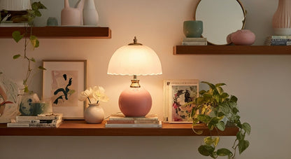 NouveauGlow Murano-Style Mushroom Lamp in Pastel Pink, with a hand-blown striped glass shade and ceramic base. VelunaLumin.