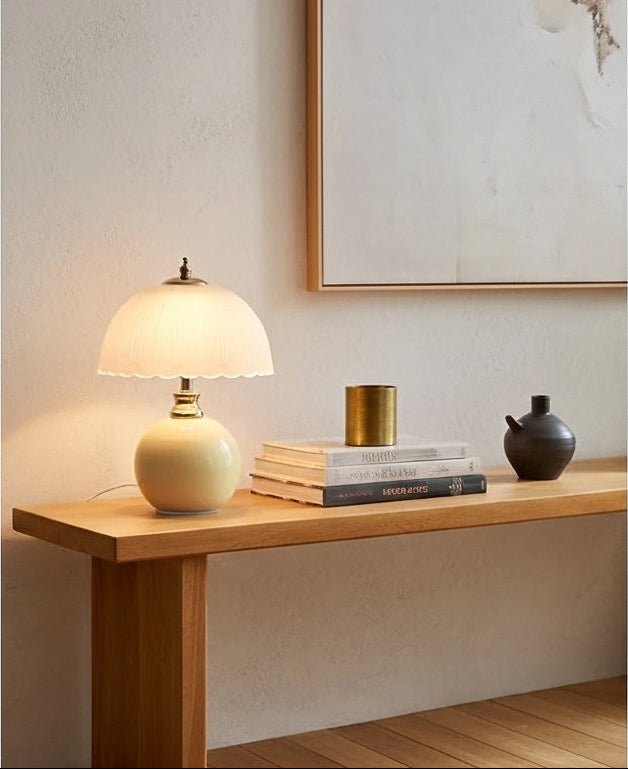 NouveauGlow Murano-Style Mushroom Lamp in Creamy White, with a hand-blown striped glass shade and ceramic base. VelunaLumin.