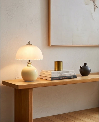 NouveauGlow Murano-Style Mushroom Lamp in Creamy White, with a hand-blown striped glass shade and ceramic base. VelunaLumin.