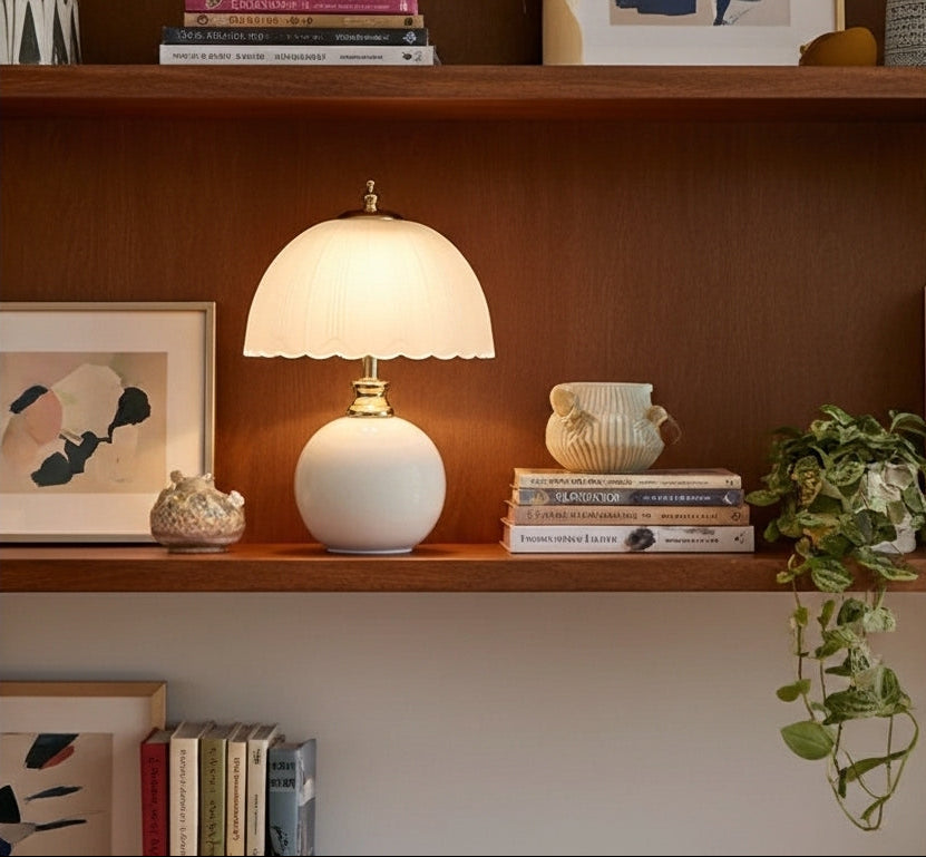 NouveauGlow Murano-Style Mushroom Lamp in Classic White, with a hand-blown striped glass shade and ceramic base. VelunaLumin.