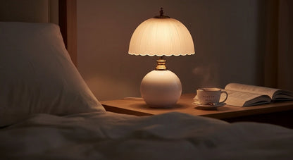 NouveauGlow Murano-Style Mushroom Lamp in Pastel Pink on a bedside table, casting a soft, dimmable warm light in a modern bedroom. VelunaLumin.