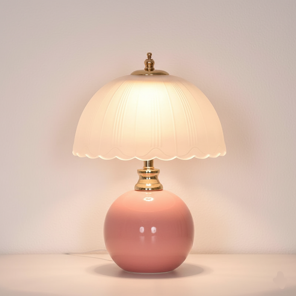 NouveauGlow Murano-Style Mushroom Lamp in Pastel Pink, with a hand-blown striped glass shade and ceramic base. VelunaLumin.