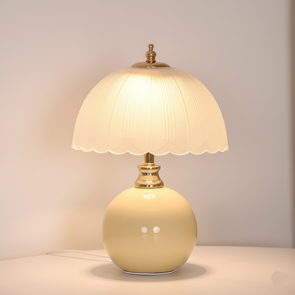 NouveauGlow Murano-Style Mushroom Lamp in Creamy White, with a hand-blown striped glass shade and ceramic base. VelunaLumin.