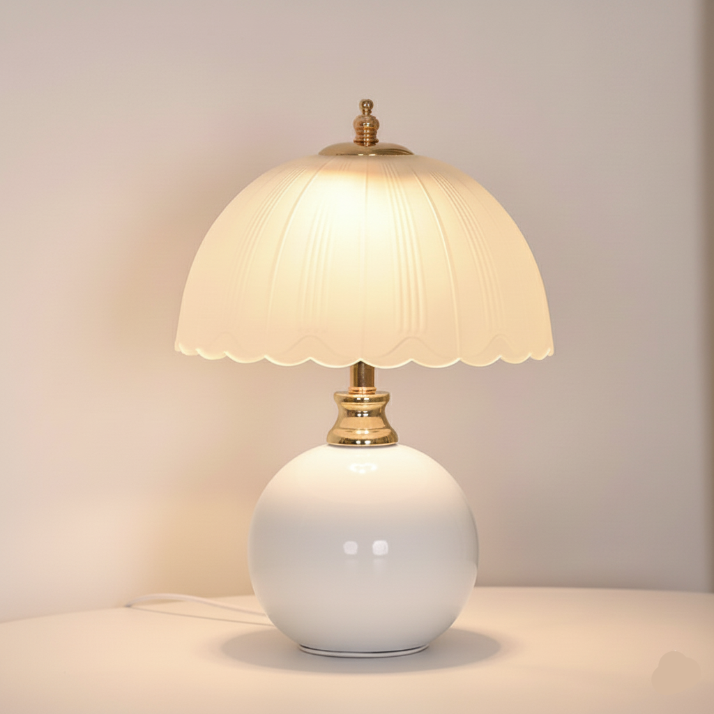 NouveauGlow Murano-Style Mushroom Lamp in Classic White, with a hand-blown striped glass shade and ceramic base. VelunaLumin.