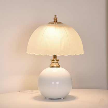 NouveauGlow Murano-Style Mushroom Lamp in Classic White, with a hand-blown striped glass shade and ceramic base. VelunaLumin.