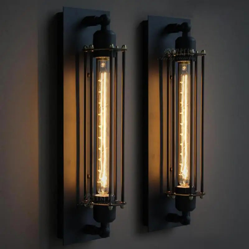 IronGlow Industrial Wall Sconce - Black metal cage design with E27 bulb holder, perfect for vintage industrial lighting. VelunaLumin.