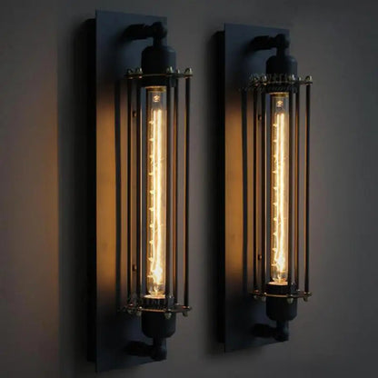 IronGlow Industrial Wall Sconce - Black metal cage design with E27 bulb holder, perfect for vintage industrial lighting. VelunaLumin.