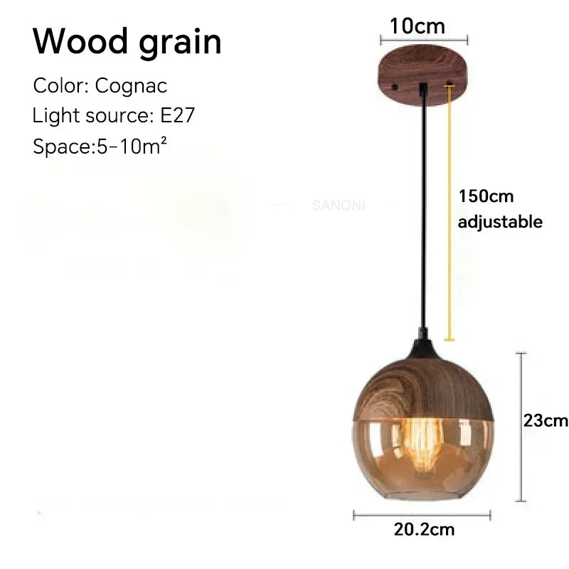 LuminaGrace Nordic Wood & Cognac Glass Tall Cylinder Pendant Light dimensions: Height 29cm, Diameter 17.8cm, adjustable 150cm cord, E27 lamp holder.