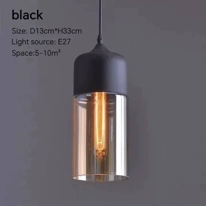 LuminaGrace Rich Amber & Clear Glass Slim Cylinder Pendant Light dimensions: Height 31.5cm, Diameter 12.7cm, adjustable 150cm cord, E27 lamp holder.