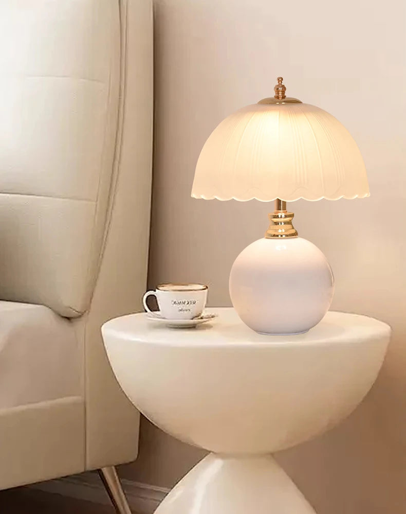 NouveauGlow Murano-Style Mushroom Lamp in Classic White, with a hand-blown striped glass shade and ceramic base. VelunaLumin.