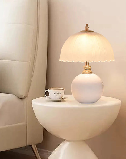NouveauGlow Murano-Style Mushroom Lamp in Classic White, with a hand-blown striped glass shade and ceramic base. VelunaLumin.