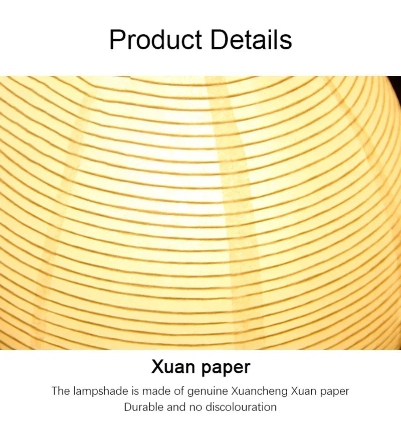 Close-up of the Akari Rice Paper Lamp, showcasing the delicate texture of the handcrafted rice paper shade and its unique, sculptural form. VelunaLumin.