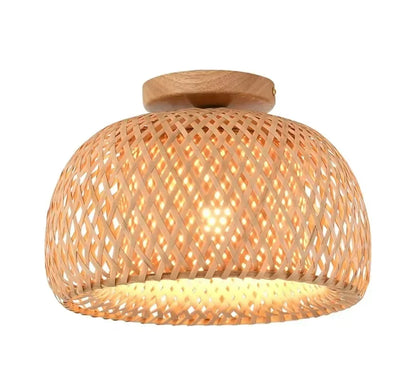 Serene handmade boho bamboo and wicker ceiling light.