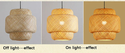 ZenWeave 'Tiered Serenity' Pendant Light dimensions: Height 30cm, Diameter 30cm, detailing its unique layered hand-knitted bamboo structure. VelunaLumin.