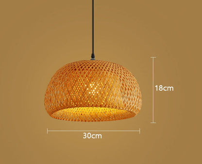ZenWeave 'Harmony Dome' Pendant Light dimensions: Height 18cm, Diameter 30cm, showcasing its wide, organic hand-knitted bamboo shade. VelunaLumin.