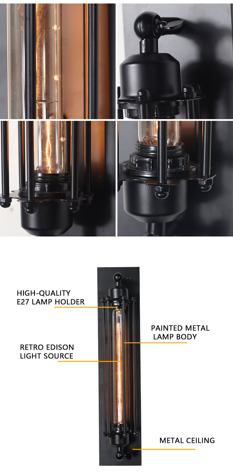 IronGlow Industrial Wall Sconce dimensions: H47cm x D10cm, featuring E27 light source and durable wrought iron material. VelunaLumin.