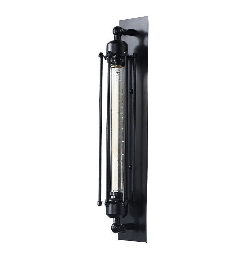 IronGlow Industrial Wall Sconce - Black metal cage design with E27 bulb holder, perfect for vintage industrial lighting. VelunaLumin.