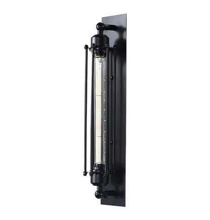 IronGlow Industrial Wall Sconce - Black metal cage design with E27 bulb holder, perfect for vintage industrial lighting. VelunaLumin.