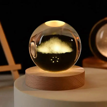 Cosmos 3D galaxy crystal sphere night light on wood base.