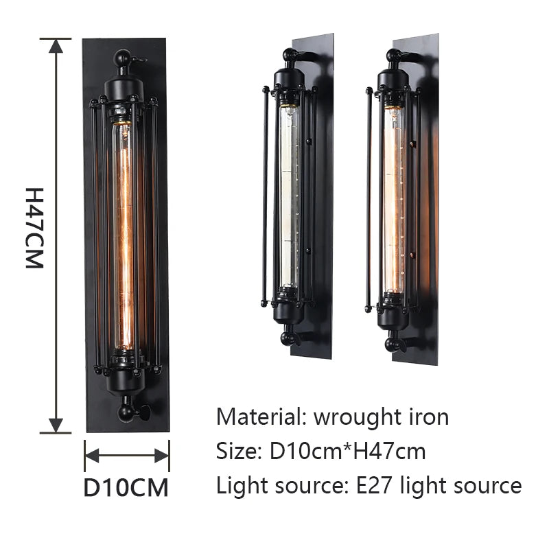 IronGlow Industrial Wall Sconce dimensions: H47cm x D10cm, featuring E27 light source and durable wrought iron material. VelunaLumin.