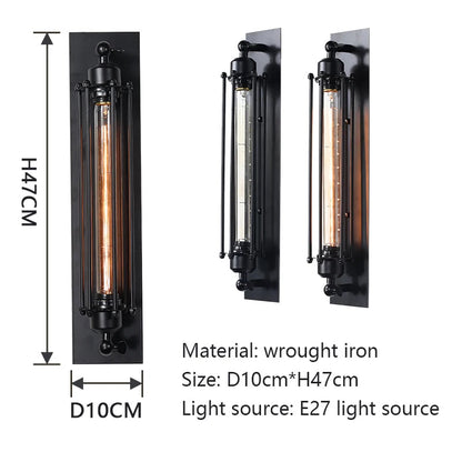 IronGlow Industrial Wall Sconce dimensions: H47cm x D10cm, featuring E27 light source and durable wrought iron material. VelunaLumin.