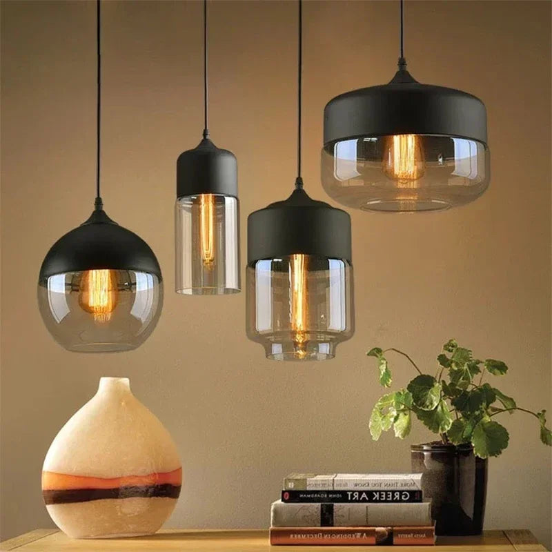 LuminaGrace Rich Amber & Clear Glass Pendant Light - Slim Cylinder Shape, designer droplight with luxurious amber metal finish and crystal-clear glass shade, perfect for elegant bedrooms, VelunaLumin.