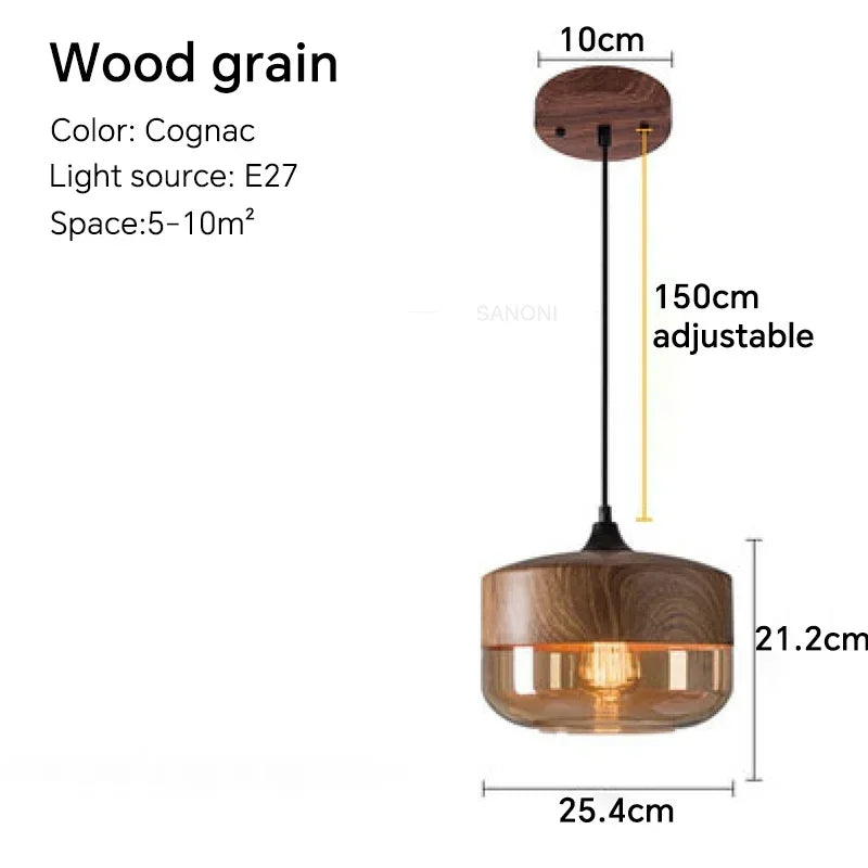 LuminaGrace Nordic Wood & Cognac Glass Tall Cylinder Pendant Light dimensions: Height 29cm, Diameter 17.8cm, adjustable 150cm cord, E27 lamp holder.