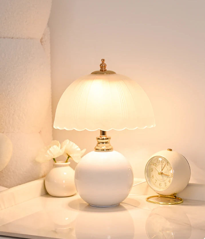 NouveauGlow Murano-Style Mushroom Lamp in Classic White, with a hand-blown striped glass shade and ceramic base. VelunaLumin.