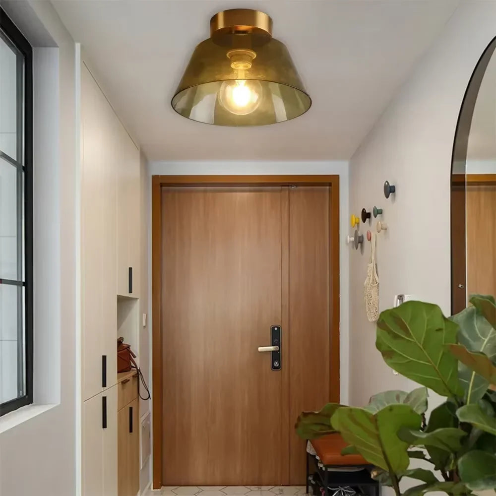 AuraSphere Glass Ceiling Light in an elegant Green glass finish, featuring a modern gold base, surface mounted. VelunaLumin.