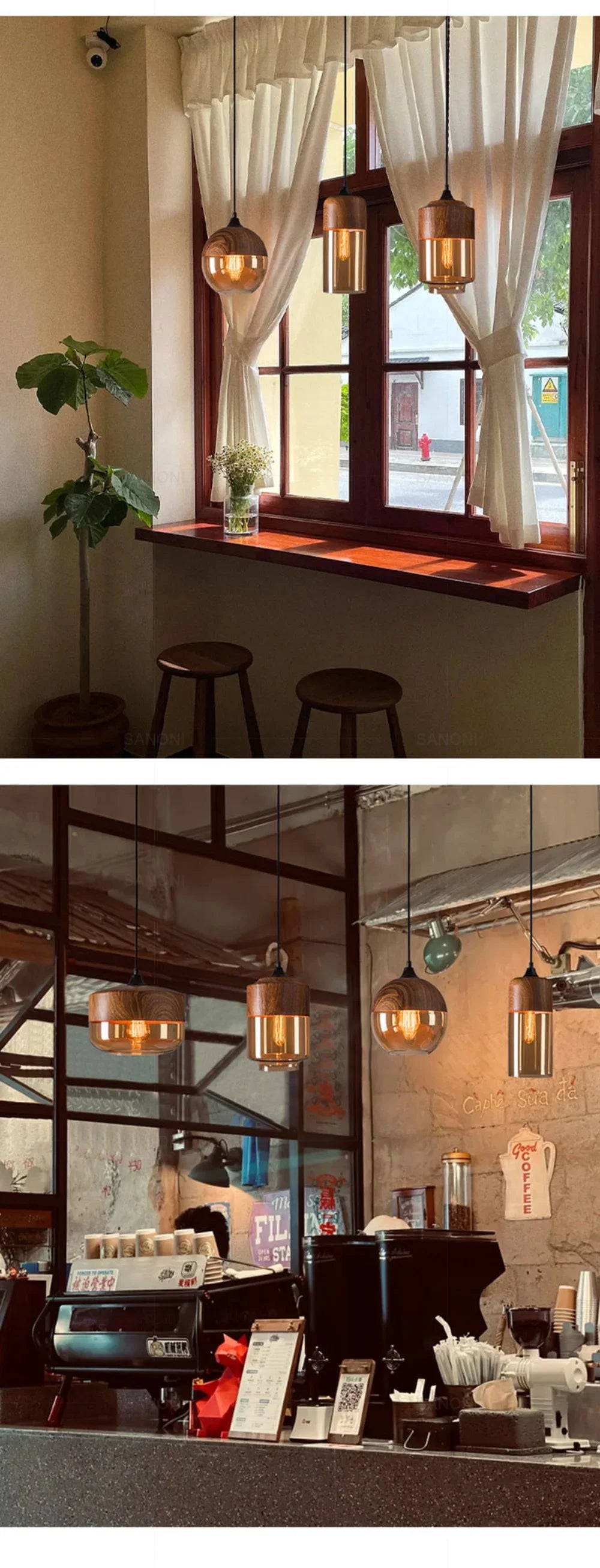 Two LuminaGrace Nordic Wood & Cognac Glass Tall Cylinder Pendant Lights hanging above a modern wooden dining table, casting a warm amber glow, creating an inviting atmosphere, VelunaLumin.