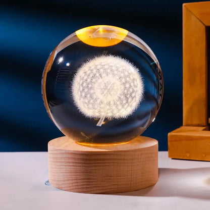 Cosmos 3D galaxy crystal sphere night light on wood base.