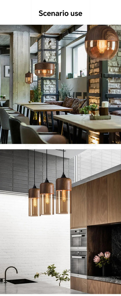 Two LuminaGrace Nordic Wood & Cognac Glass Tall Cylinder Pendant Lights hanging above a modern wooden dining table, casting a warm amber glow, creating an inviting atmosphere, VelunaLumin.