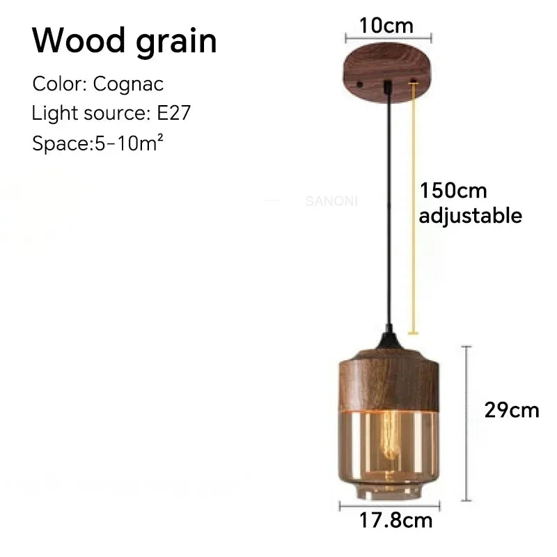 LuminaGrace Nordic Wood & Cognac Glass Tall Cylinder Pendant Light dimensions: Height 29cm, Diameter 17.8cm, adjustable 150cm cord, E27 lamp holder.