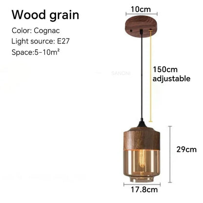 LuminaGrace Nordic Wood & Cognac Glass Tall Cylinder Pendant Light dimensions: Height 29cm, Diameter 17.8cm, adjustable 150cm cord, E27 lamp holder.