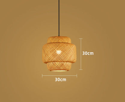 ZenWeave 'Tiered Serenity' Pendant Light dimensions: Height 30cm, Diameter 30cm, detailing its unique layered hand-knitted bamboo structure. VelunaLumin.