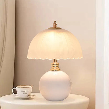 NouveauGlow Murano-Style Mushroom Lamp in Classic White, with a hand-blown striped glass shade and ceramic base. VelunaLumin.