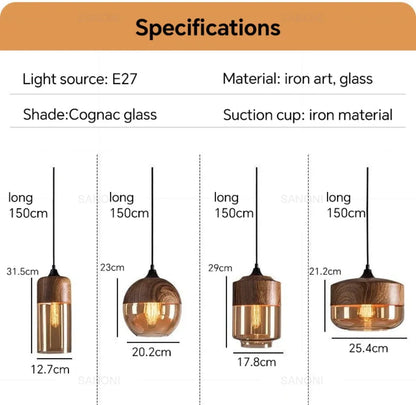 LuminaGrace Nordic Wood & Cognac Glass Tall Cylinder Pendant Light dimensions: Height 29cm, Diameter 17.8cm, adjustable 150cm cord, E27 lamp holder.