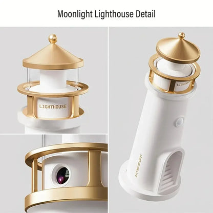 LunaBeacon lighthouse night light projecting a floating moon.