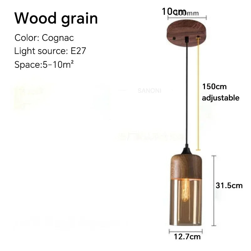 LuminaGrace Nordic Wood & Cognac Glass Tall Cylinder Pendant Light dimensions: Height 29cm, Diameter 17.8cm, adjustable 150cm cord, E27 lamp holder.