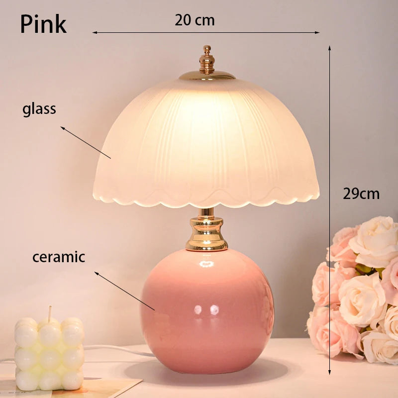 NouveauGlow Murano-Style Mushroom Lamp in Pastel Pink, with a hand-blown striped glass shade and ceramic base. VelunaLumin.