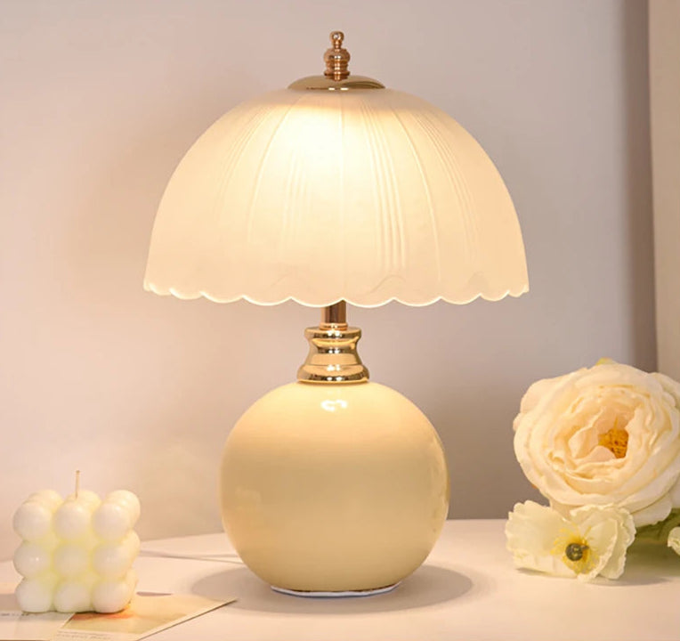 NouveauGlow Murano-Style Mushroom Lamp in Creamy White, with a hand-blown striped glass shade and ceramic base. VelunaLumin.