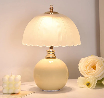 NouveauGlow Murano-Style Mushroom Lamp in Creamy White, with a hand-blown striped glass shade and ceramic base. VelunaLumin.