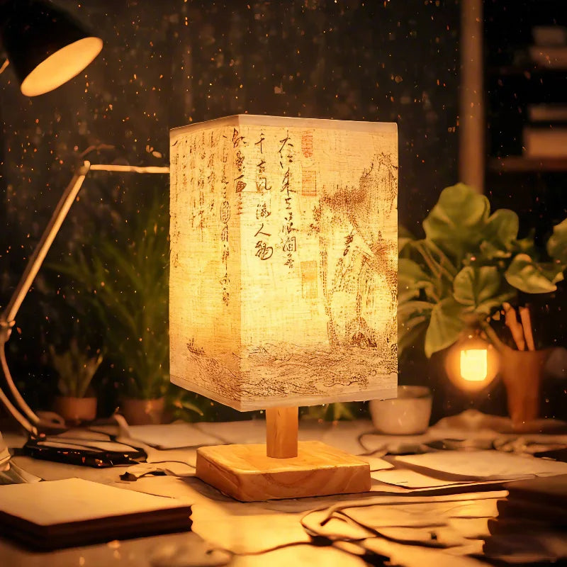 SereneScape Artisan Table Lamp with 'Mountain Pagoda' oriental art linen shade, dimmable warm light, and solid wood base. VelunaLumin.