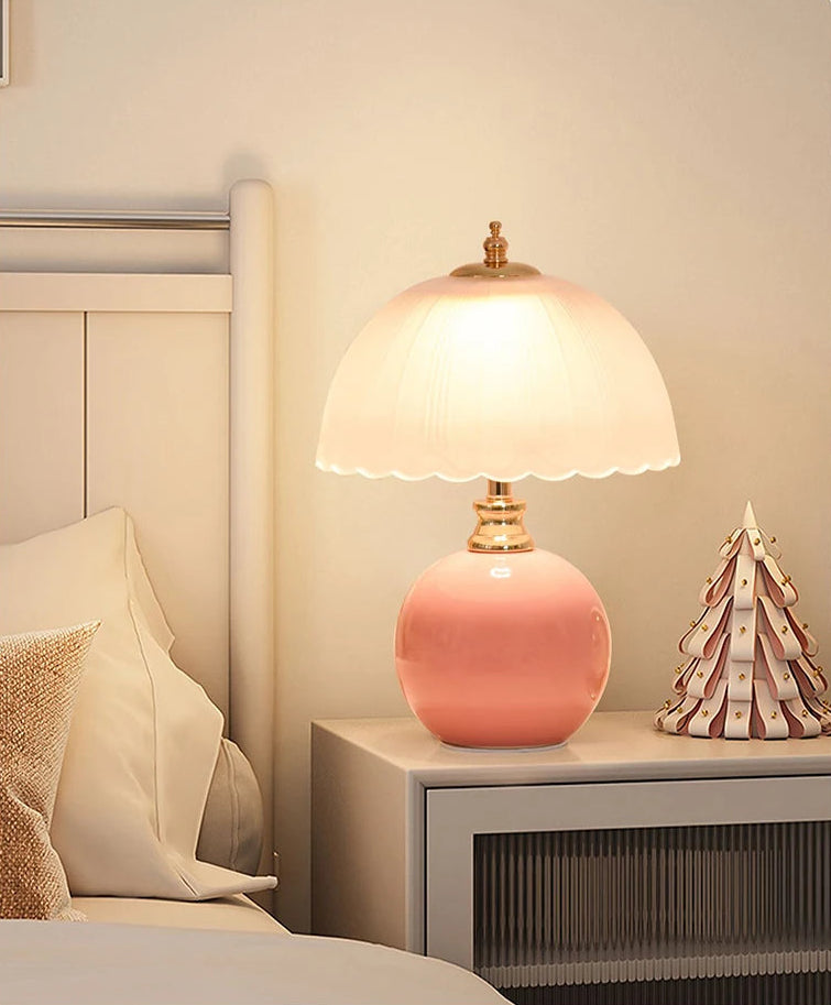 NouveauGlow Murano-Style Mushroom Lamp in Pastel Pink, with a hand-blown striped glass shade and ceramic base. VelunaLumin.