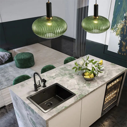 AuraSphere Nordic D30cm glass pendant in a bedroom.
